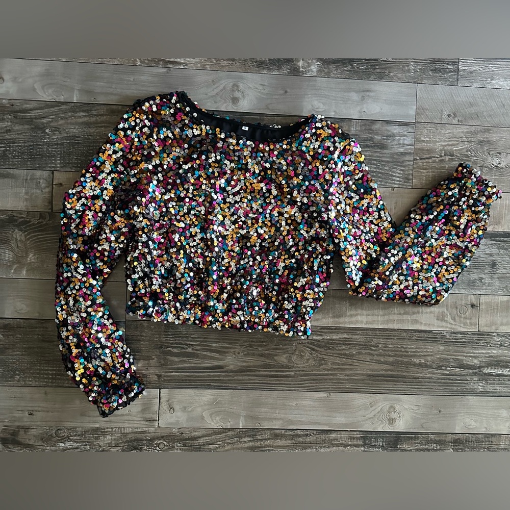 Sequin Crop Long-Sleeve Blouse - Black Multicolor